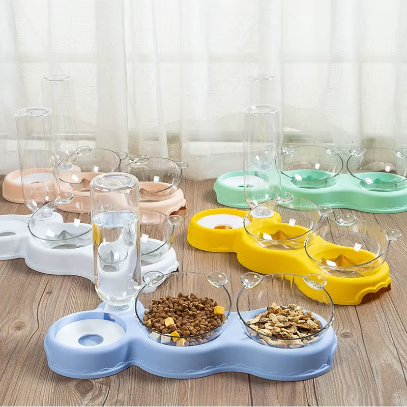 Pet Cat Automatic Feeder Plastic 3-In-1 Dog Food Bowl Double Bowls Automatic Water Reservoir Drinker Cat Feeding Accessories