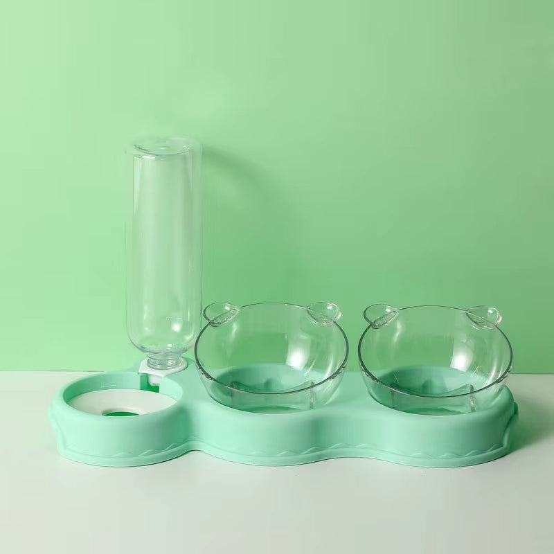 Pet Cat Automatic Feeder Plastic 3-In-1 Dog Food Bowl Double Bowls Automatic Water Reservoir Drinker Cat Feeding Accessories