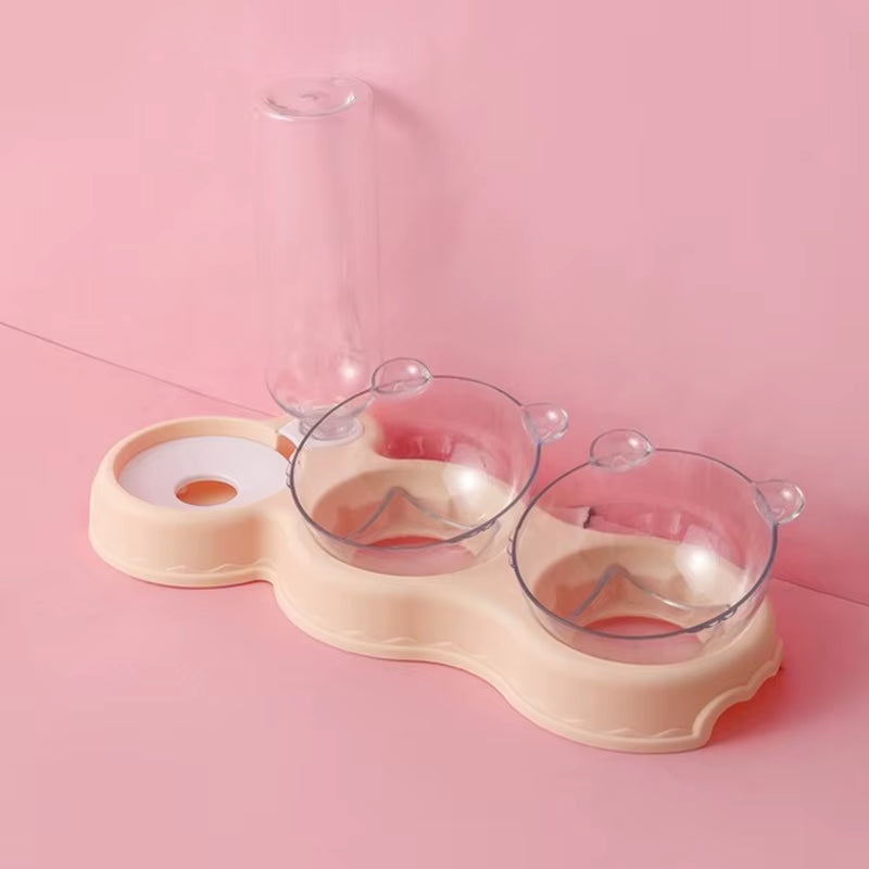 Pet Cat Automatic Feeder Plastic 3-In-1 Dog Food Bowl Double Bowls Automatic Water Reservoir Drinker Cat Feeding Accessories